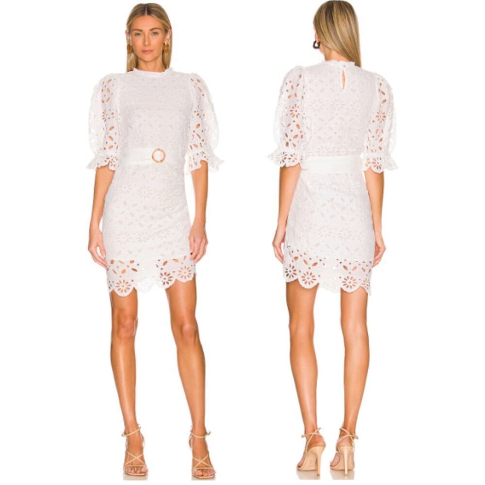 Place Nationale La Feuille Linen Puff Sleeve Belted Minidress White Eyelet 1 NWT